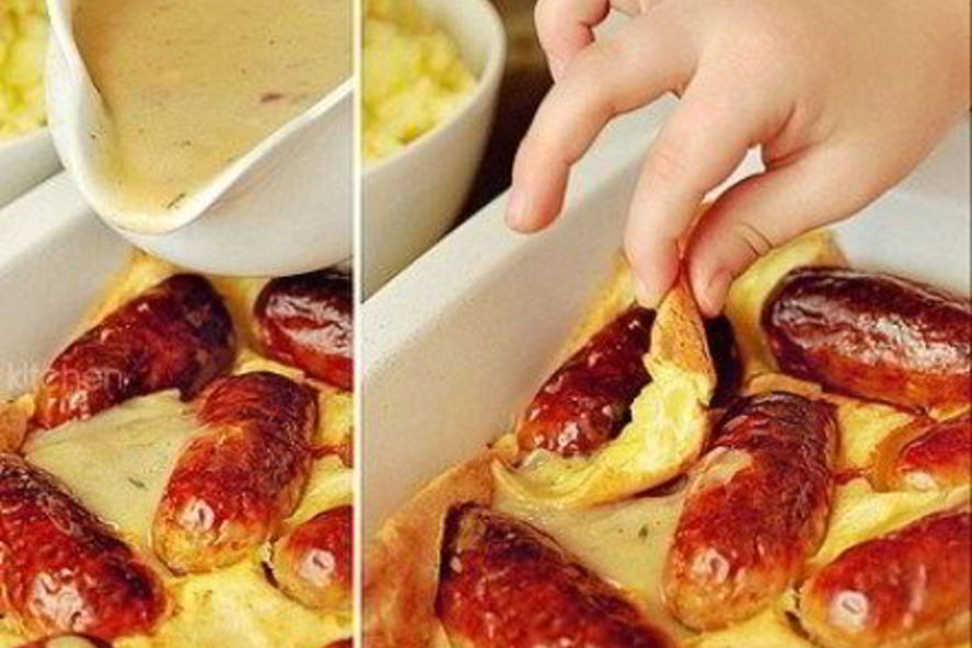 Рецепт йоркширского пудинга с колбасками в луковом соусе