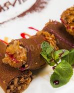 Ржаные блинчики с апельсиновым муссом и вафельной крошкой