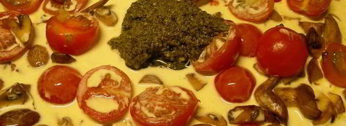 паста с грибами, томатами черри и соусом со сливками и песто. Шаг 5