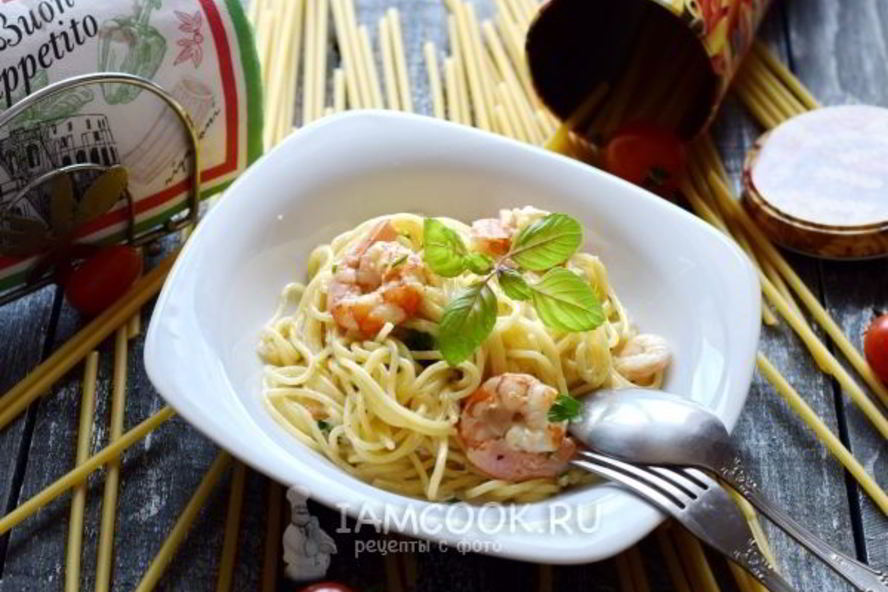 Рецепт спагетти с креветками в сливочном соусе