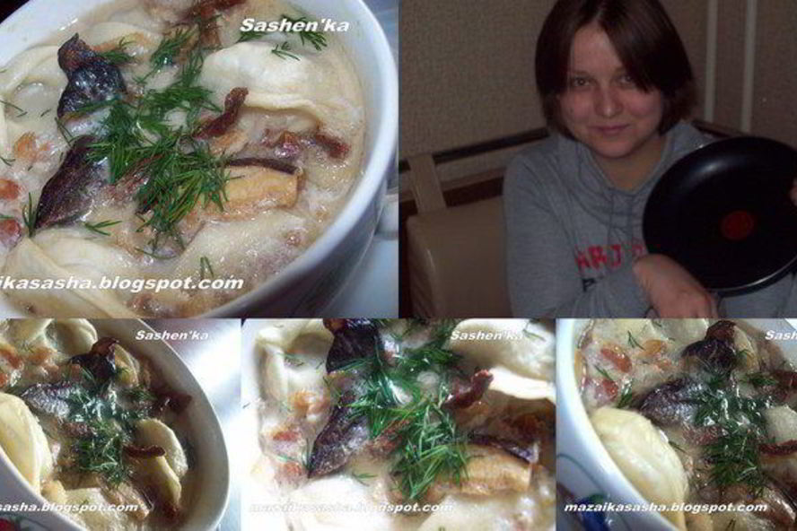 Рецепт пельменей томленных в горшочке с беконом и лесными грибами