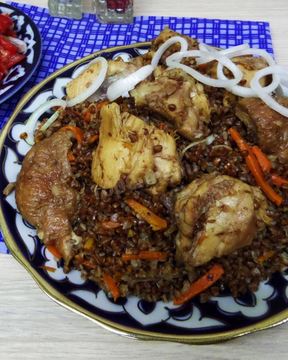 Гречка с куриным мясом в казане