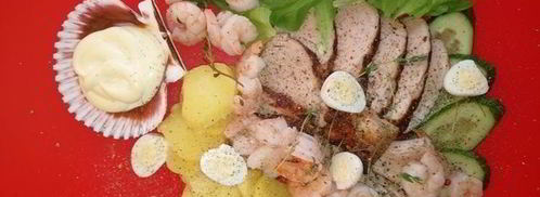 оливье по-царски со свиной вырезкой и креветками на желе из гранатового соуса. Шаг 6