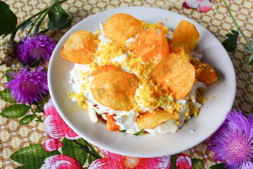 Рецепт салата орхидея с чипсами и ветчиной