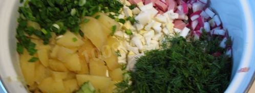 окрошка на кефире классическая с колбасой. Шаг 10