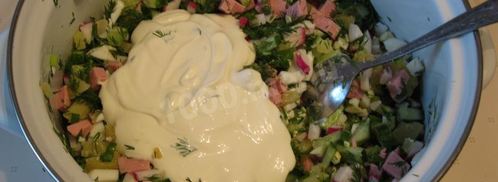 окрошка на кефире классическая с колбасой. Шаг 11