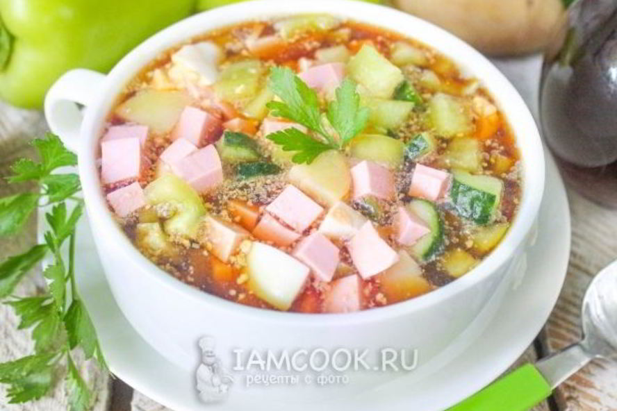 Рецепт окрошки на квасе с колбасой и болгарским перцем