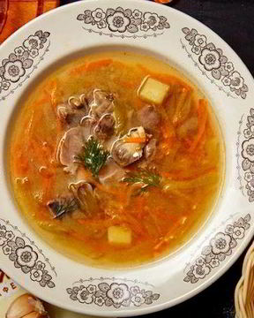 Рассольник с куриными сердечками