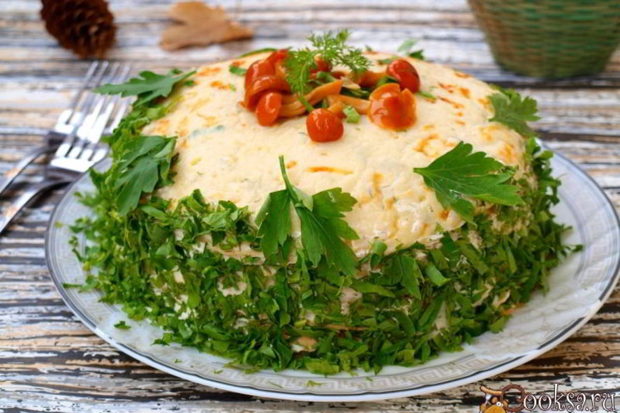 Рецепт закусочного блинного торта с шампиньонами